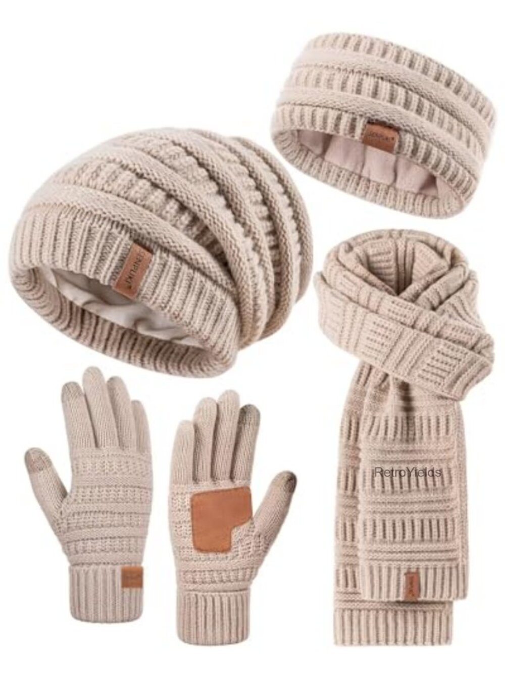 Fleece Lined Slouchy Beanie Headband Scarf Touchscreen Gloves 4 Piece Winter Set